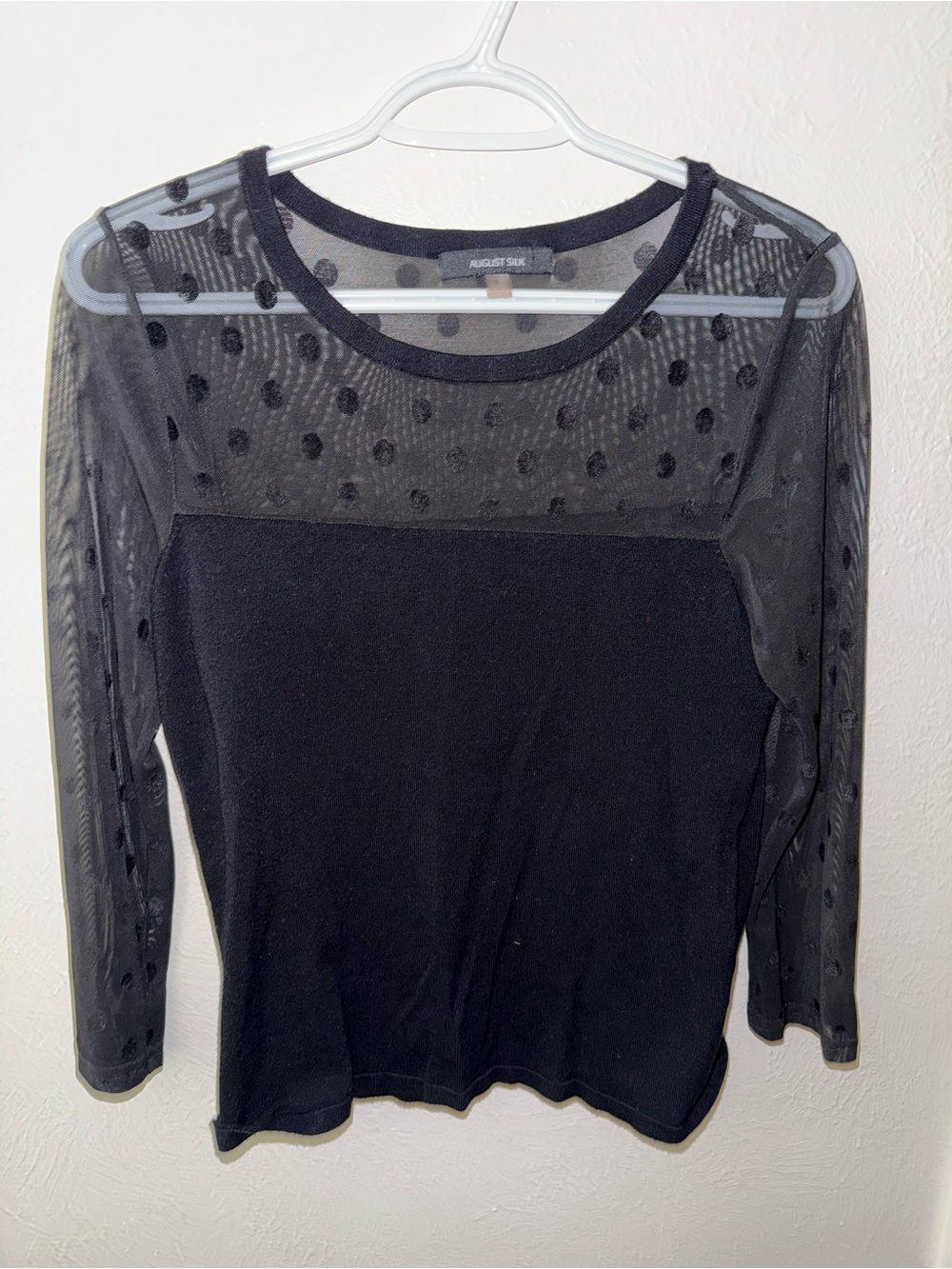 august silk Black 3/4 Sleeve Polka Dot Mesh Yoke Top